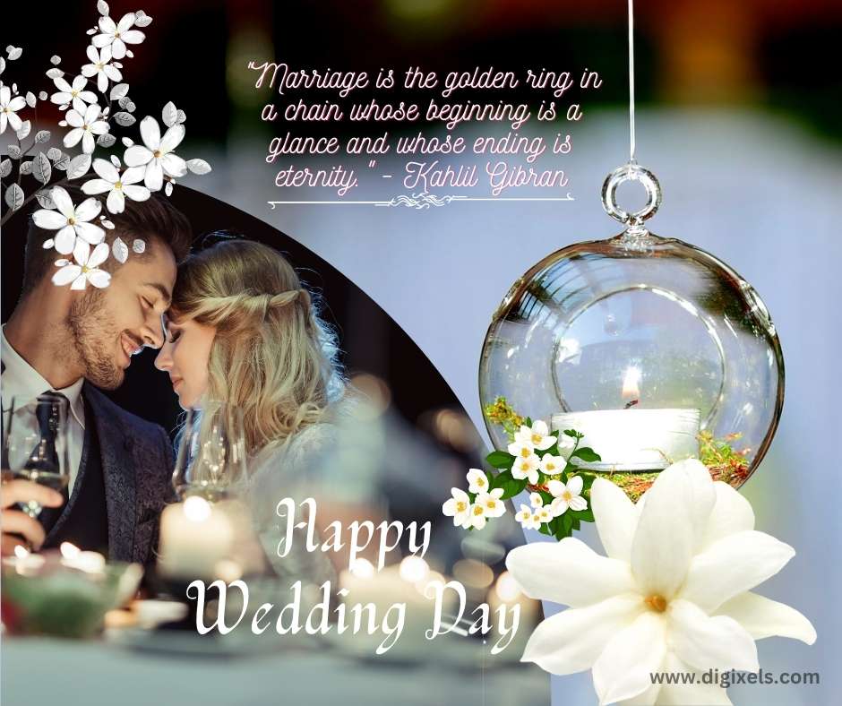 Happy wedding day images with white color flowers, candle placed in glass, boy and girl club together, touching nose on nose, download free on Digixels.