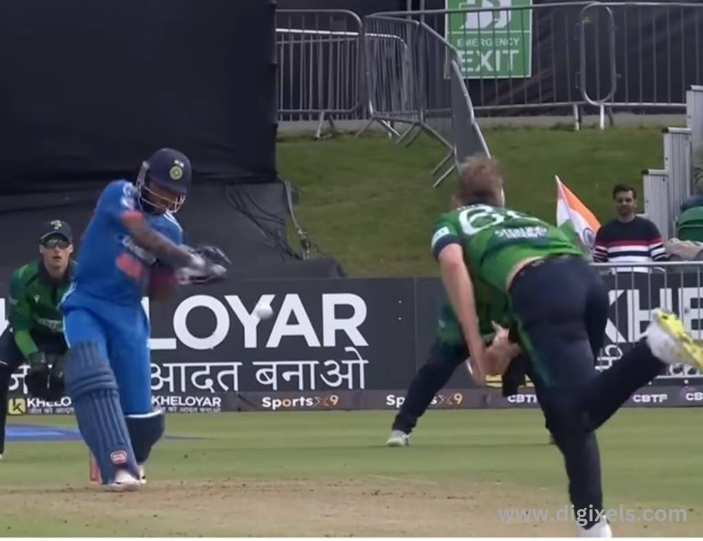 Cricket images of India batsman batting and Ireland bowler bowling.