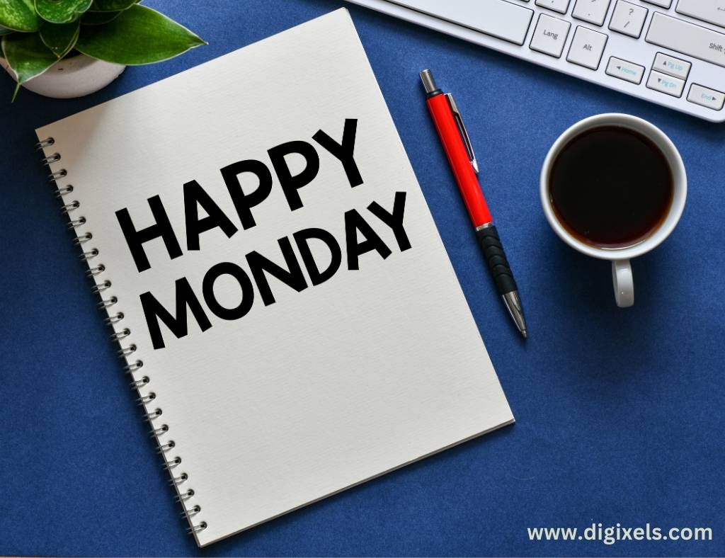 Happy Monday images with text, coffee, coffee cup, pen, note, keyboard