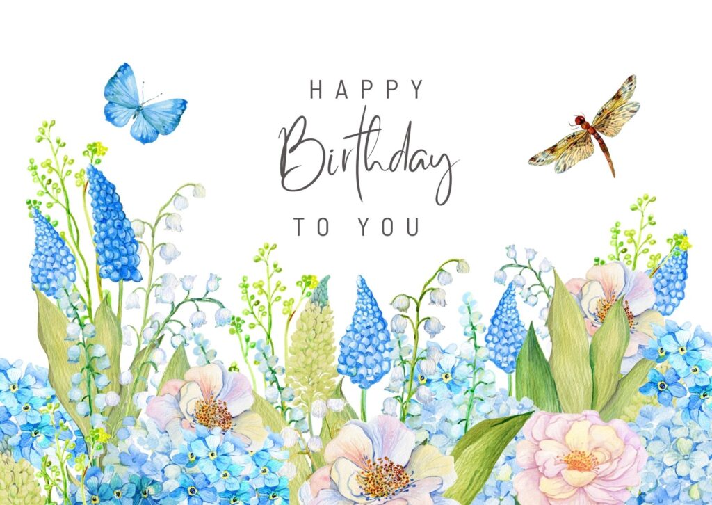 Happy birthday images with flowers blooming garden, vector design, bird, dragon fly, free download on Digixels. 