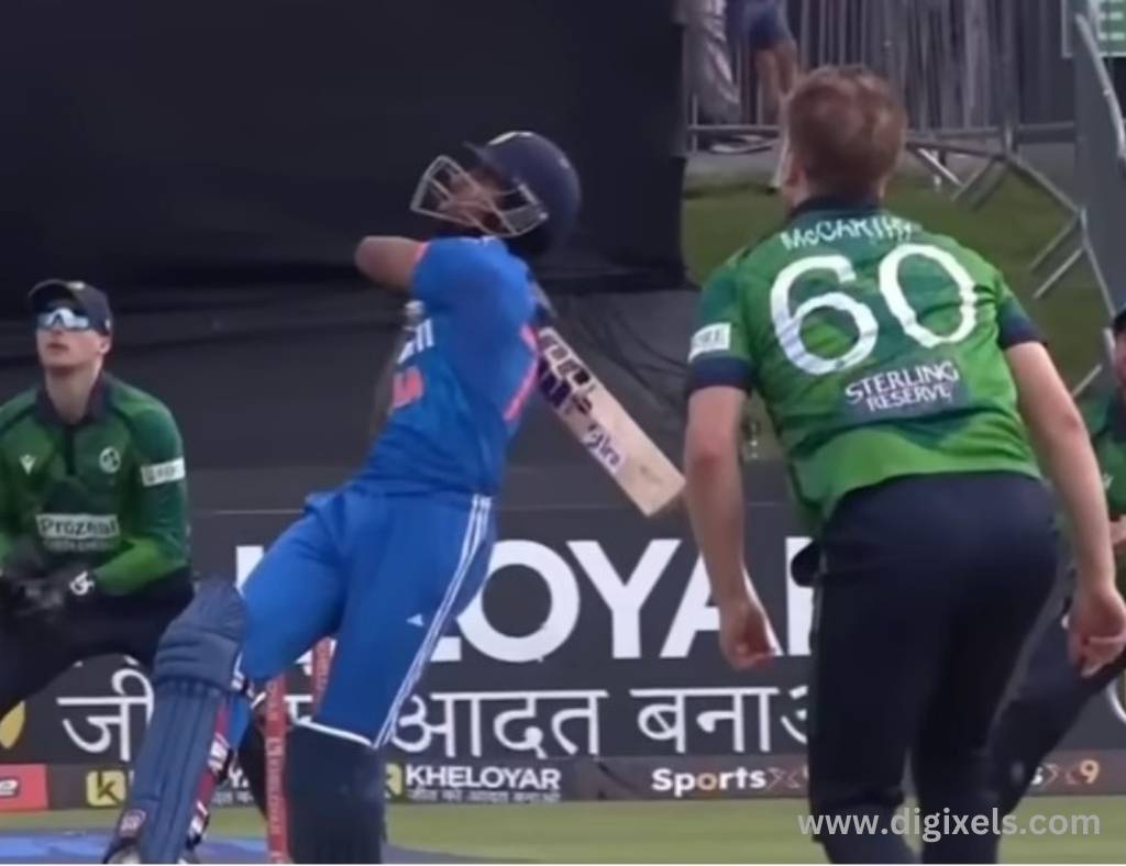 Cricket images of India batsman looking upward after hitting ball, Ireland bowler, wicket keeper looking up the ball.