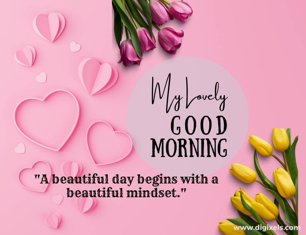 good morning images with quotes, flowers, love icon, heart, text