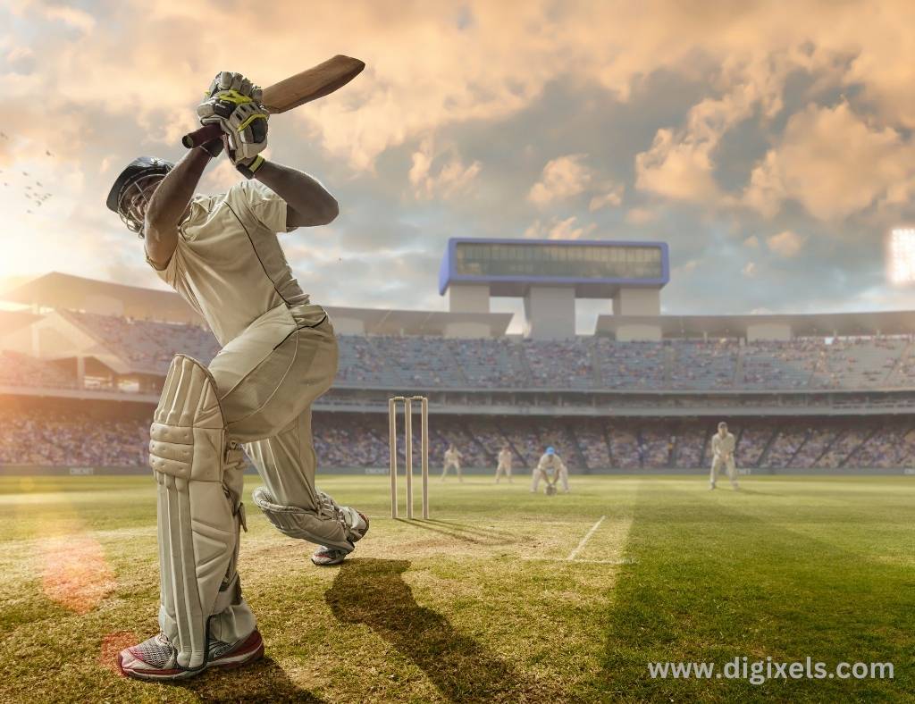 Cricket images of batsman batting on the pitch, behind stamp, cloud in the sky