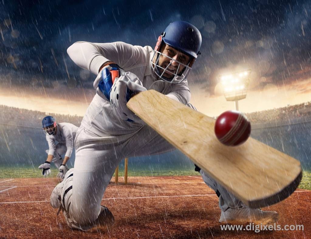 Cricket images of India team, Dhoni holding bat, hitting the ball, knee touching the ground,