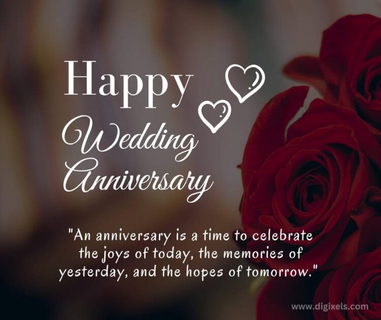 Happy wedding anniversary images with rose flowers, quotes, heart icon, text, vector design, free download.