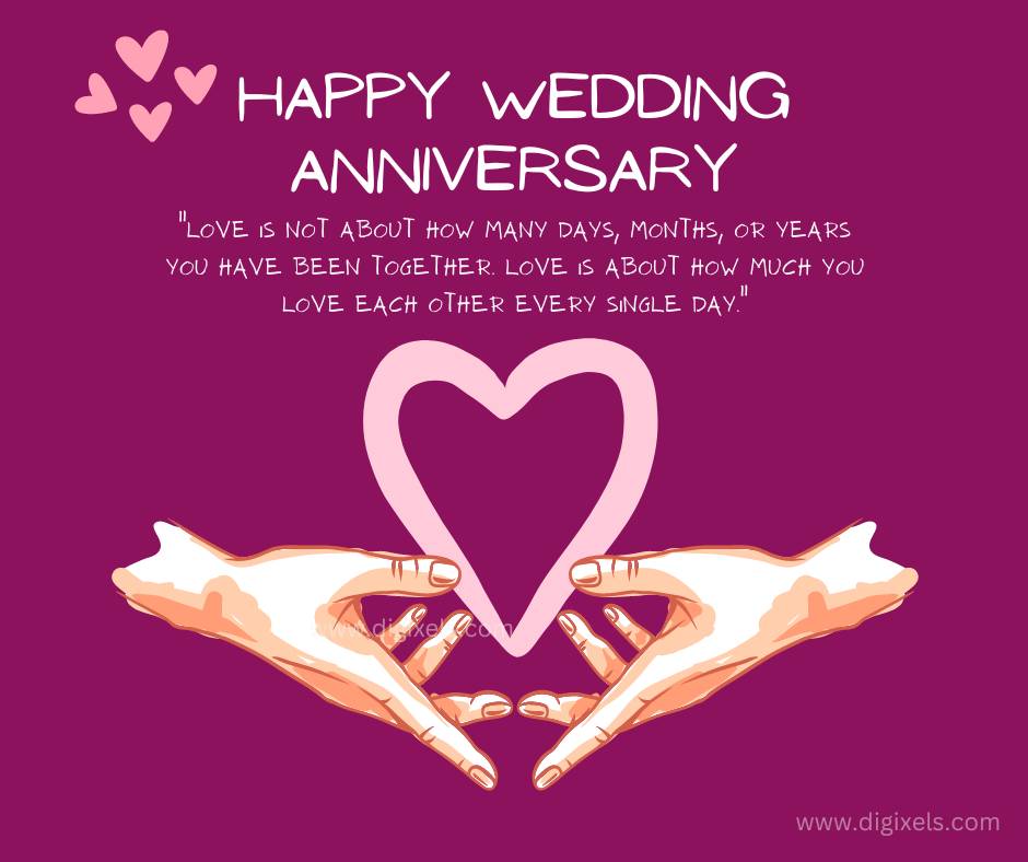 Happy wedding anniversary images with love icon, heart, two hands holding heart icon, text, quotes, free download.