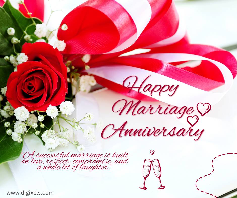 Happy marriage anniversary images with flowers, leave, ribbon, text, quotes, cup icon, free download.
