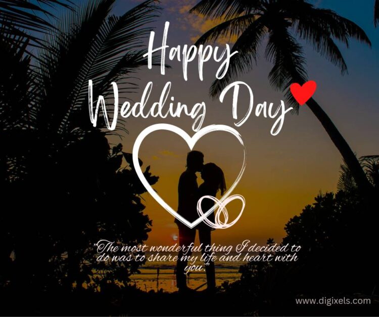 Happy wedding day image with love, heart icon, boy and girl standing, kissing each other, beside coconut trees, sea shore, free download.