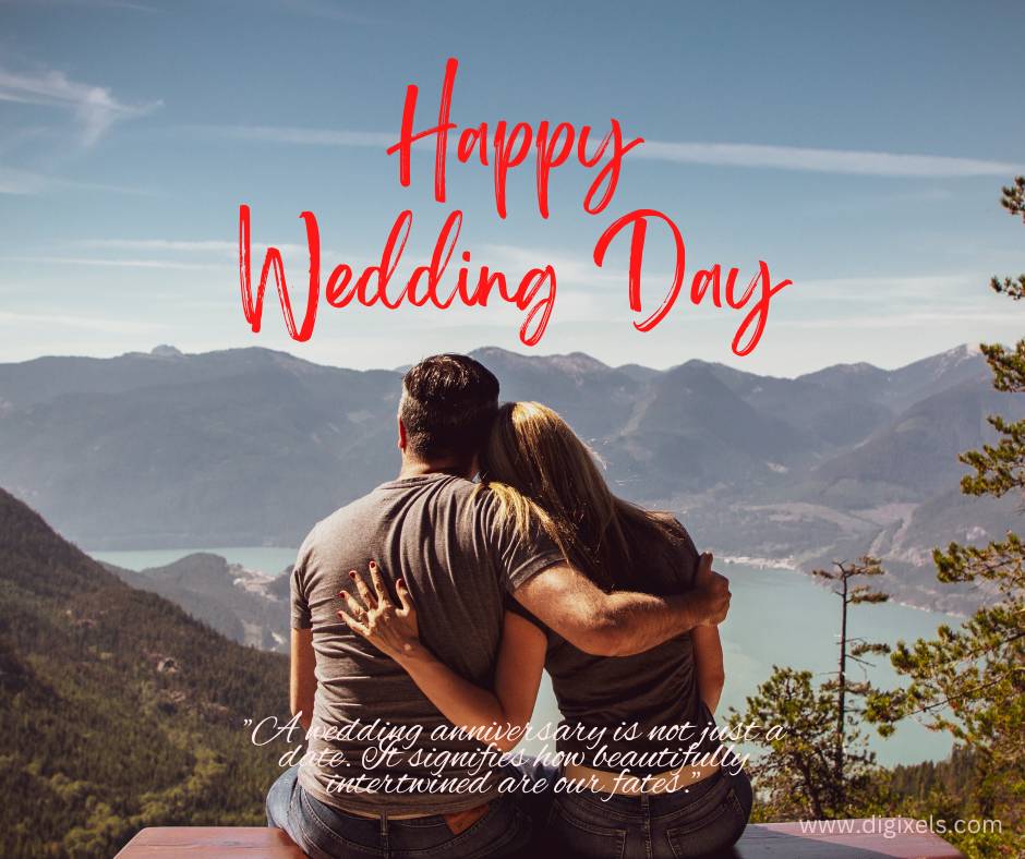 Happy anniversary images with hills, nature scene, lake, trees, quotes, boy and girl holding each other, sitting and looking towards lake and nature, free download.