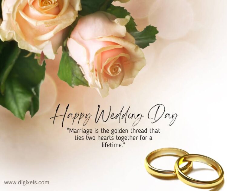 Happy wedding day images with flowers, wedding ring, quotes, clean design, free download.