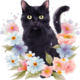 Cute Black Cat with Flower Graphic T-shirt